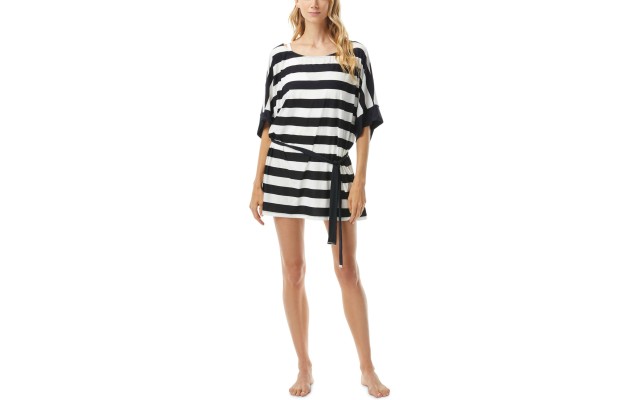  Striped Belted Swim Cover-Up, Black/White,Small