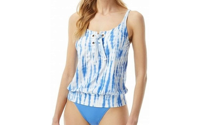  Tie-Dye Daydream Blouson Tankini Grommet Detail and Removable Soft Cups,Blue,Large