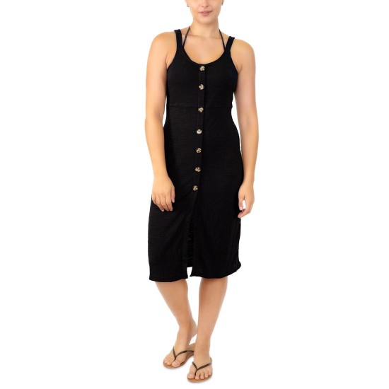  Juniors’ Adjustable Button-Front Cover-Up, X-Small, Black