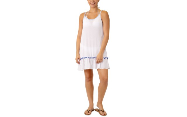  Juniors’ Adjustable Pom-Pom-Trim Cover-Up, X-Large, White