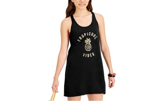  Juniors Graphic-Print Cotton Cover-Up Dress, Black, S