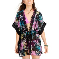 Miken Juniors’ Lace-Inset Tie-Front Kimono Cover-Up, Medium, Black