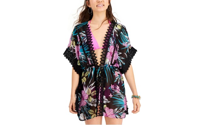  Juniors’ Lace-Inset Tie-Front Kimono Cover-Up, Medium, Black