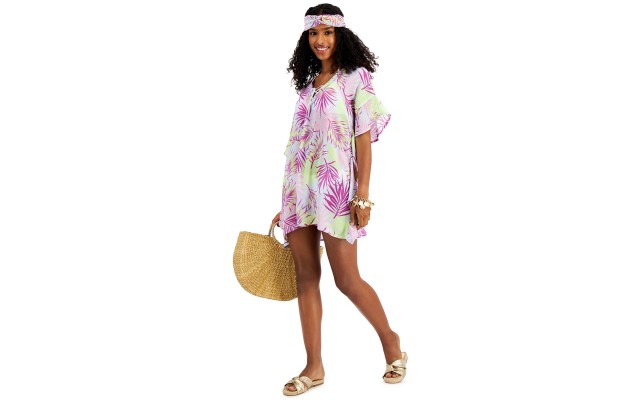  Juniors’ Lace-Up Caftan Cover-Up with Headband,Pink,S