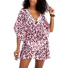 Miken Juniors’ Leopard-Print Smocked-Waist Cover-Up, Pink, S
