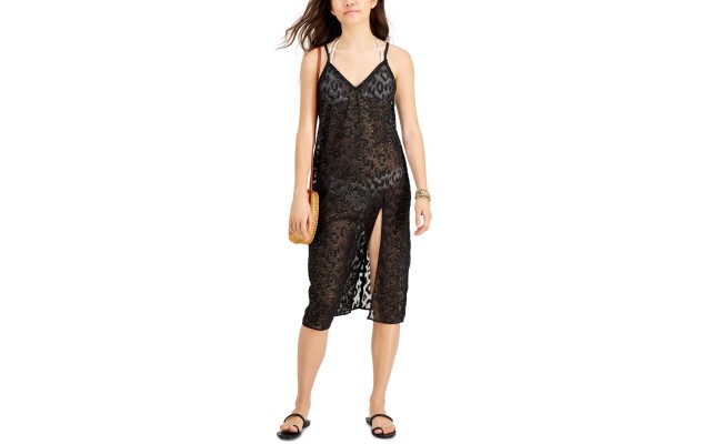  Juniors Lurex Animal-Print Midi Cover-Up Dress, Black, X-Large