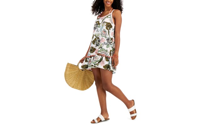  Juniors’ Tiered Pom Pom Cover-Up Dress, White, XS