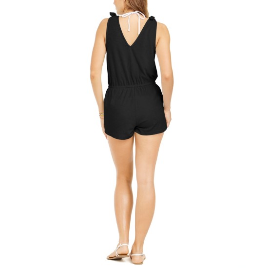  Juniors’ Tie-Shoulder Drawstring Terry Romper Women’s Swimsuit, Black, Medium
