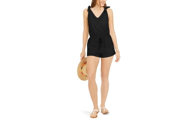  Juniors’ Tie-Shoulder Drawstring Terry Romper Women’s Swimsuit, Black, Medium