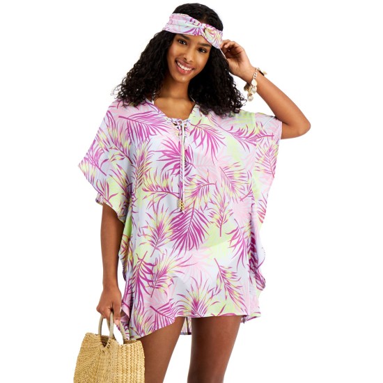  Juniors’ Lace-Up Caftan Cover-Up with Headband, Mutlicolor, X-Small