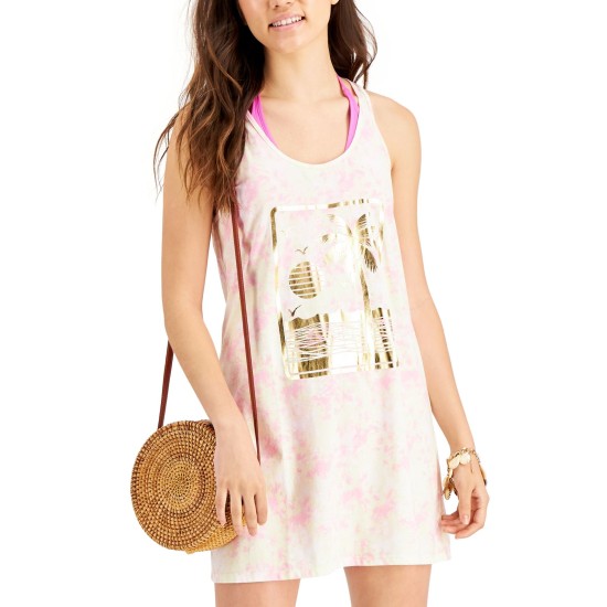  Juniors' Tie-Dyed Graphic-Print Cotton Cover-Up Dress, Pink, Pink, S
