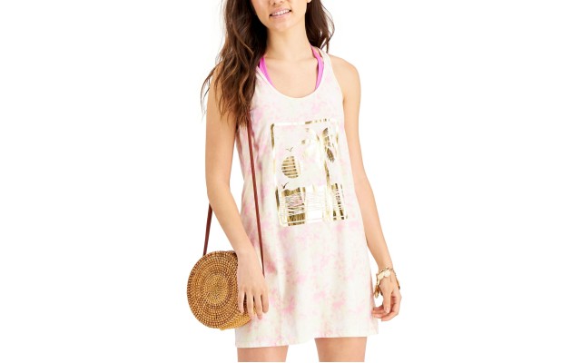 Juniors' Tie-Dyed Graphic-Print Cotton Cover-Up Dress, Pink, Pink, S