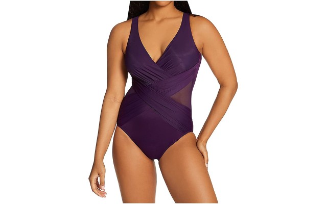  Illusionist Crossover Allover Slimming One-Piece Swimsuit, Purple,10