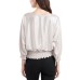  Metallic Smocked-Waist Balloon-Sleeve Top, Silver, Large
