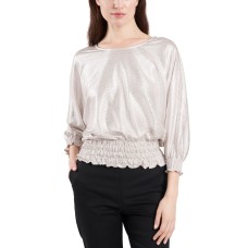Msk Metallic Smocked-Waist Balloon-Sleeve Top, Silver, Large