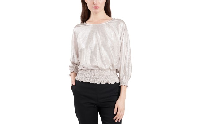  Metallic Smocked-Waist Balloon-Sleeve Top, Silver, Large