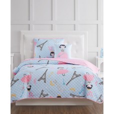 My World Paris Princess Twin 3 Piece Quilt Set, Blue/Pink