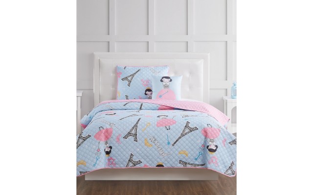  Paris Princess Twin 3 Piece Quilt Set, Blue/Pink