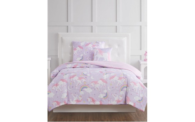  Rainbow Unicorn Twin 3 Piece Comforter Set Bedding, Lilac