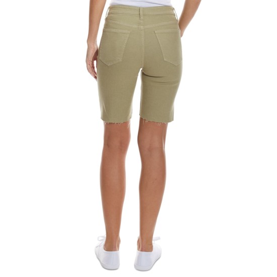  High-Rise Button-Fly 5-Pocket Bermuda Jean Shorts, Sage, 25