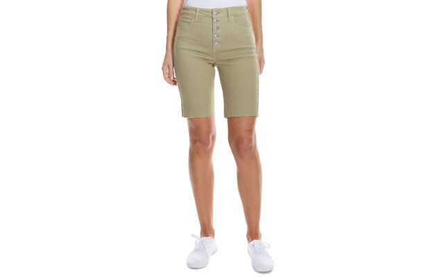  High-Rise Button-Fly 5-Pocket Bermuda Jean Shorts, Sage, 25