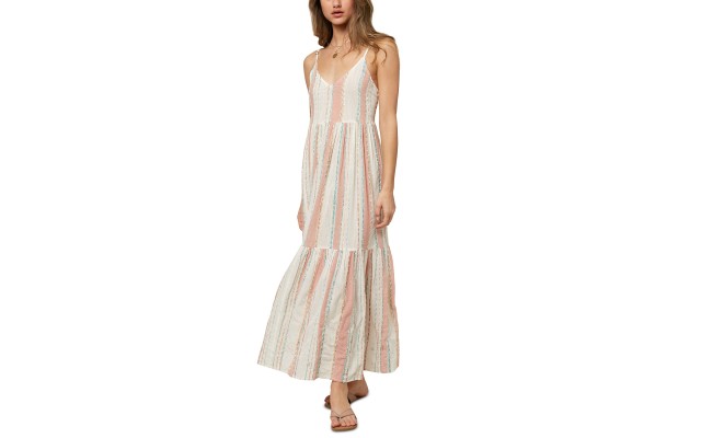 O’Neill Juniors’ Brigette Striped Cotton Cover-Up Dress, Beige, Small