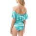 Printed Ruffled Off-The-Shoulder One-Piece Swimsuit, Azure, 8