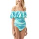 Printed Ruffled Off-The-Shoulder One-Piece Swimsuit, Azure, 8