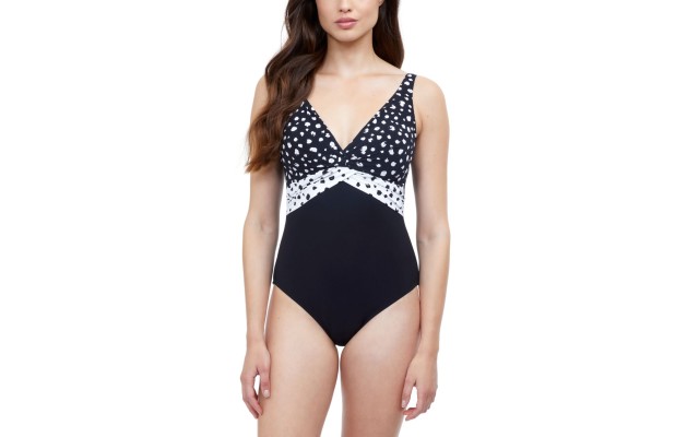  Dotty V-Neck Underwire One-Piece Swimsuit, Black/White, 14