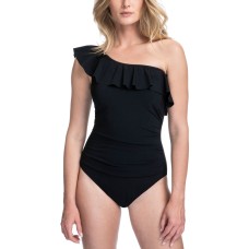 Profile by Gottex Tutti Frutti Ruffled One-Shoulder Tummy Control One-Piece Swim,Black, 16
