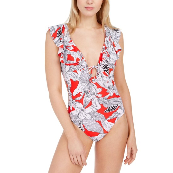 Rachel Rachel Roy Island Getaway Tie-Front Ruffle One-Piece Swimsuit, Red, Small