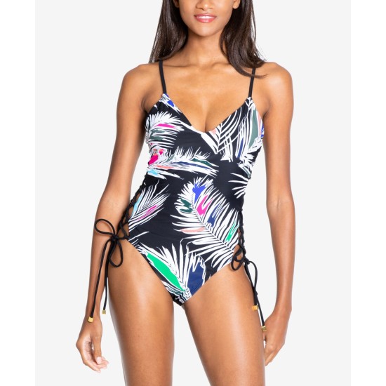  Side-Laced One-Piece Swimsuit, Black/Multi,Small