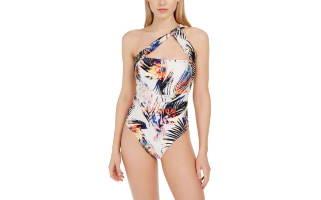 Rachel  Tropical-Print One-Shoulder Swimsuit, White Multi, X-Large