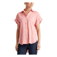 Ralph Lauren Womens Pink Short Sleeve Collared Button Up Top, Small Pink