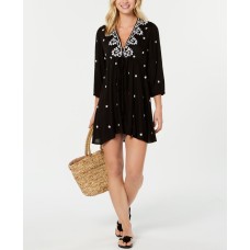 Raviya Embroidered 3/4-Sleeve Dress Cover-Up, Medium, Black