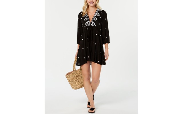  Embroidered 3/4-Sleeve Dress Cover-Up, Medium, Black