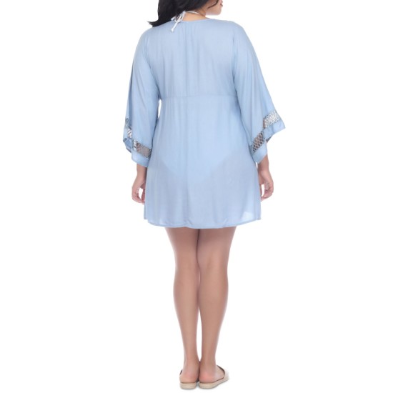  Plus Size Crochet-Trim Cover-Up Dress Women’s Swimsuit, Chambray Blue, 1X