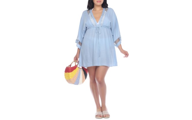  Plus Size Crochet-Trim Cover-Up Dress Women’s Swimsuit, Chambray Blue, 1X