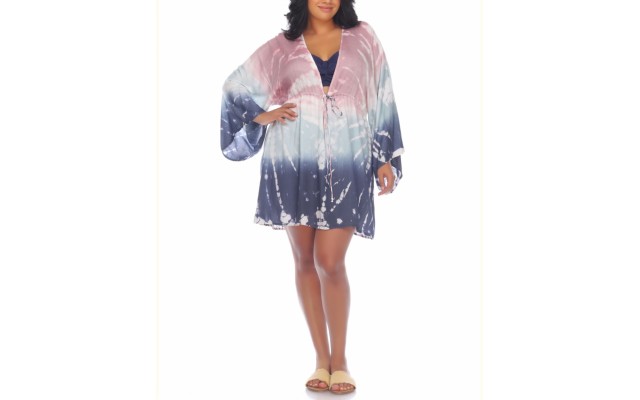  Plus Size Tie-Dye Caftan Swim Cover Up, Pink/Blue