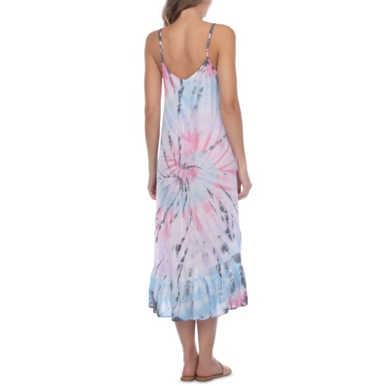  Tie-Dye Crochet-Trim High-Low Cover-Up Dress, Small, Multicolor
