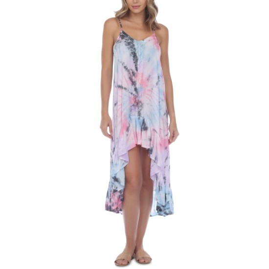  Tie-Dye Crochet-Trim High-Low Cover-Up Dress, Small, Multicolor