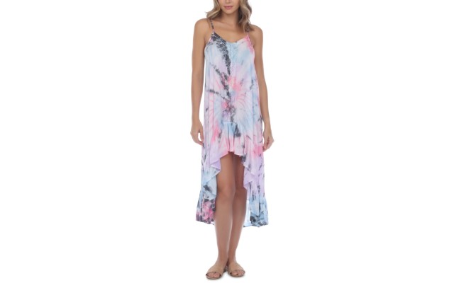  Tie-Dye Crochet-Trim High-Low Cover-Up Dress, Small, Multicolor