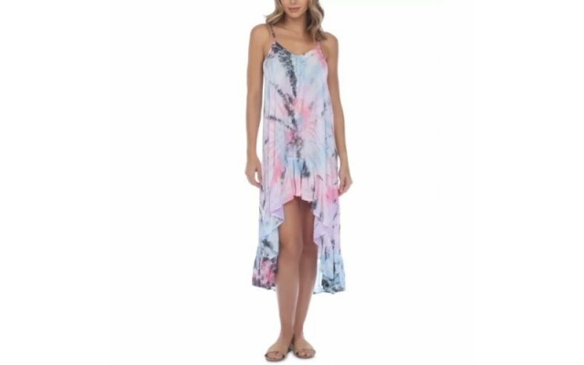 Raviya Tie-Dye Crochet-Trim High-Low Cover-Up Dress Women’s Swimsuit, Pastel-Pink, Large