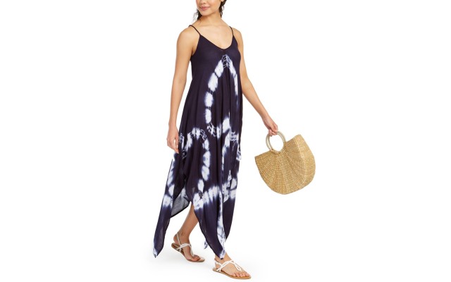  Tie-Dye Handkerchief-Hem Cover-Up Dress, Large, Navy