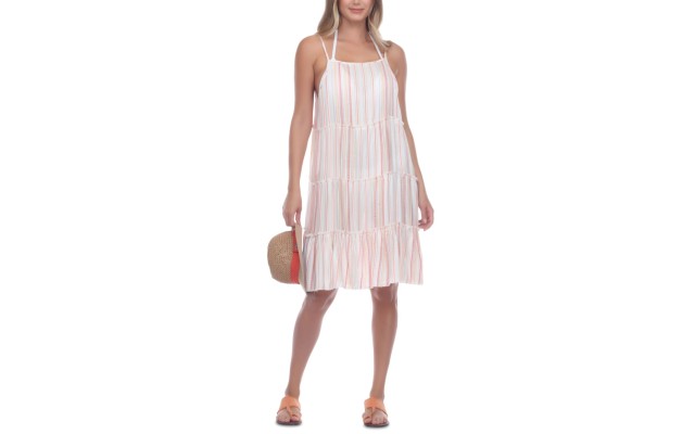  Tiered Striped Cover-Up Dress Women’s Swimsuit, White, S