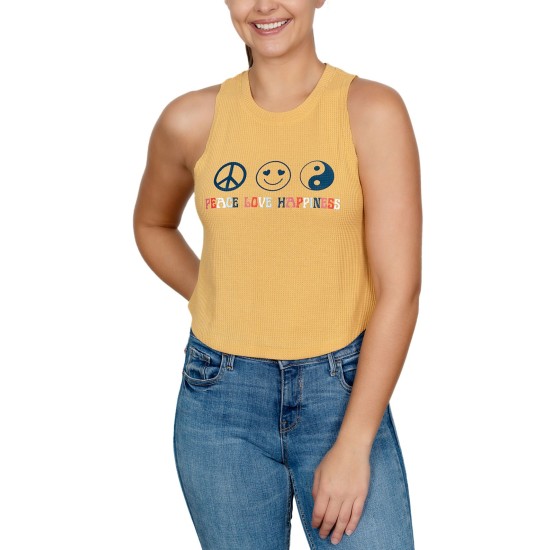  Juniors’ Peace Love Happiness Graphic-Print Tank Top, Yellow, Medium