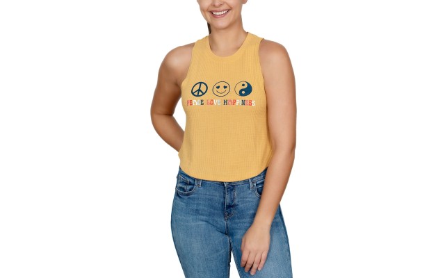  Juniors’ Peace Love Happiness Graphic-Print Tank Top, Yellow, Medium