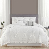 Ruffled Kiss-Pleat 7-Piece Comforter Set, White, Queen