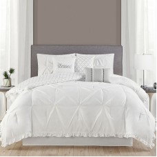 Ruffled Kiss-Pleat 7-Piece Comforter Set, White, Queen