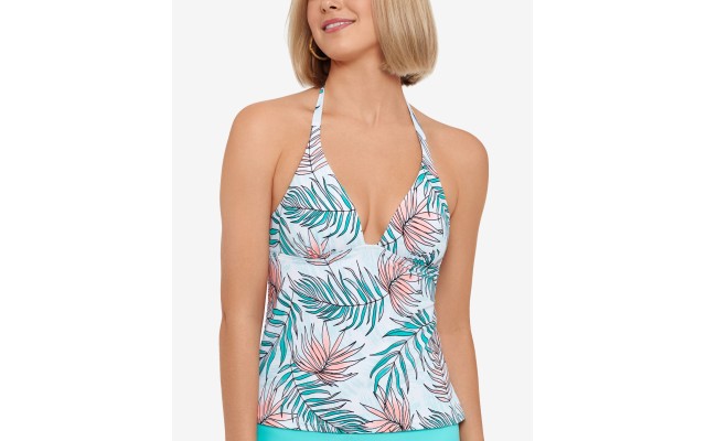  Calm Palm Printed Halter Tankini Top, Blue, L